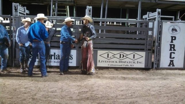 Six bull riders collected checks presented by Kim Reyer at the conclusion of the fourth annual Flint Hills Bull Blowout at Strong City, with the first place trophy and check for $651 going to Derek Brumitt of Plainville.