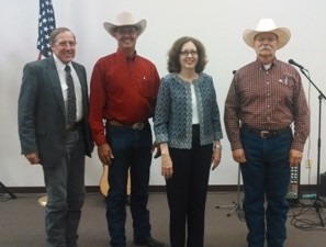 Serving as judges for the 2014 Kansas Cowboy Poetry Contest in Alma were Frank Buchman, WIBW FM; Kyle Bauer, KFRM Radio; Marie Martin, Flint Hills Discovery Center Foundation; and Chief Justic Lawton Nuss of the Kansas Supreme Court. Photo By: Ron Wilson