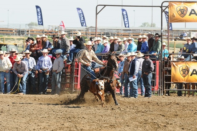 Cooper Martin of Alma rode his 12-year-old Quarter Horse gelding called Junior to win the first go-round en route to becoming tie-down calf roping champion at the recent National High School Rodeo School Rodeo Finals in Rock Springs, Wyoming. Photo Credit: NHSRA/Jennings Rodeo Photography.
