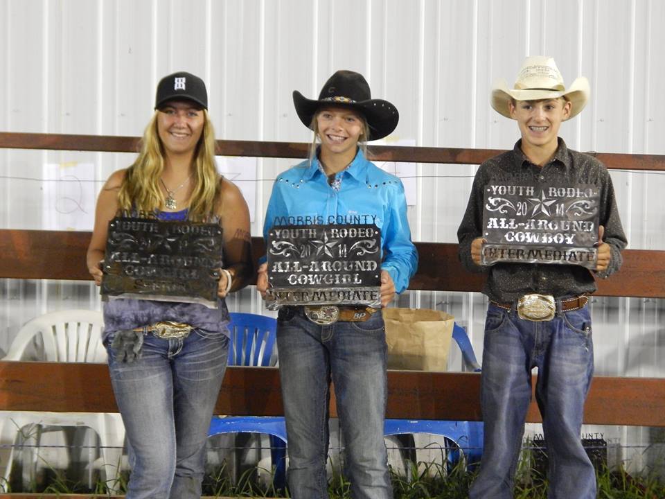 All-around awards at the Morris County Youth Rodeo in Council Grove, went to Cheyenne Larson, White City, senior cowgirl; Beau Peterson, Council Grove, intermediate cowgirl; and Camden Hoelting, Olpe, intermediate cowboy. Brent Orr, White City, was the all-around senior cowboy. (Photo by Amy Allen.)