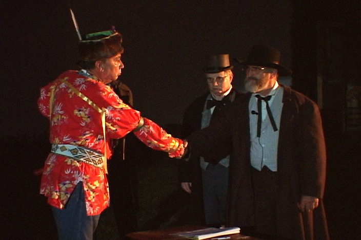 A scene from the Voices of the Winds People pageant to be Friday and Saturday evenings, Sept. 19-20, in Council Grove includes signing the 1825 Council Oak Treaty between government officials and the Kaw nation. Kaw Chief Allegawaho’s portrayal in the drama is rendered by his great grandson Luther Pepper.