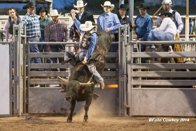 Overstreet of the Flint Hills Genetics bucking bull breeding program was the winner in the match with J.T. Barrett of El Dorado during the Flint Hills Bull Blowout at Strong City. (Photo by Kent Kerschner) Photography - "Foto Cowboy.”