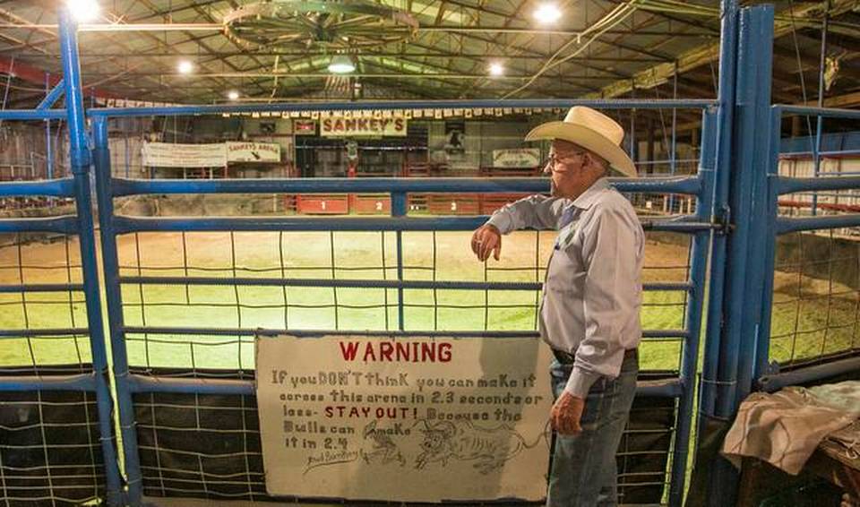 Sankey Arena at Rose Hill hosted weekend jackpot rodeo rough stock events, coordinated by Kansas Cowboy Hall of Fame inductee Bud Sankey, for 30 years, although the facility has set idle much of the time for the past half-decade. (Photo by Mike Hutmacher/The Wichita Eagle.)