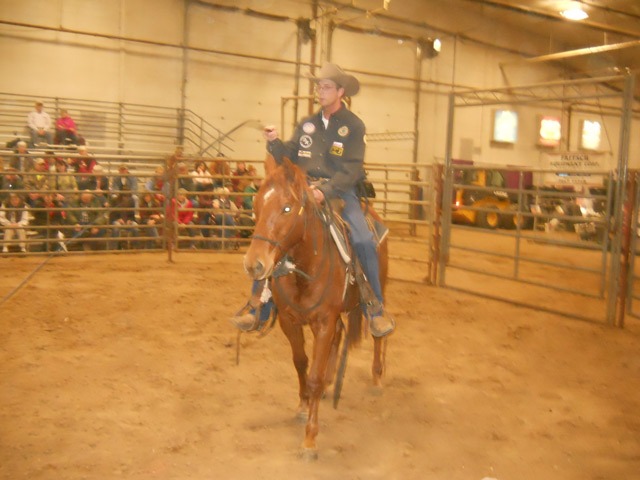 “Don’t be scared,” Scott Daily calmed his mount as he popped a long black bullwhip all around her in a desensitizing process for the initially untrained sorrel filly used by the Arkansas City clinician in a horse handling seminar at the Topeka Farm Show.