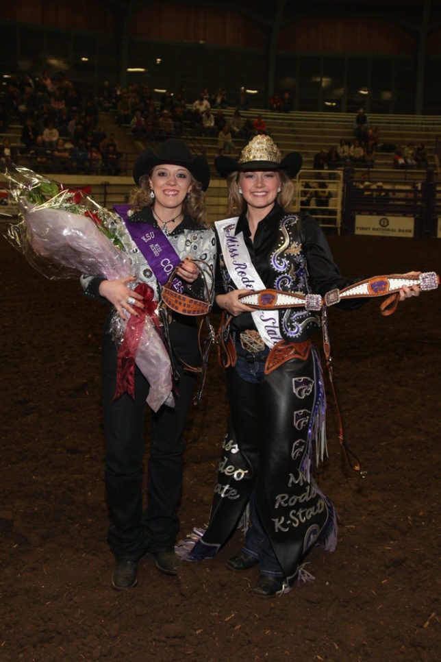 Lindy Singular, Linn, was crowned as the 2013 Miss Rodeo K-State by 2012 Miss Rodeo K-State Abbey Pomeroy before the third performance of the recent 57th annual K-State Rodeo at Manhattan. (Beth McQuade photo)