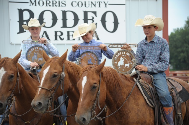 Lonesome Pine Ranch of Chase County was represented by Mackenzie Higgs, Carlee Potter and Colton Potter to win the Santa Fe Trail Junior Ranch Rodeo at Council Grove. (Bruce Hogle photo)