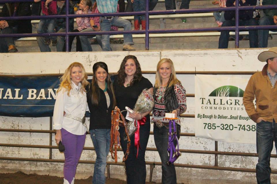 Four cowgirls who have reigned at Miss Rodeo K-State assisted with queen coronation ceremonies at least year’s K-State Rodeo. They are pageant coordinator Meredith Thompson, Courtney Hall, Meagan Brockhoff and Abbey Pomeroy. Miss Rodeo K-State alumni continue to assist with the competition, and several are expected at this year’s coronation before the Saturday evening performance of the K-State Rodeo,  February 20-21-22, at Manhattan.