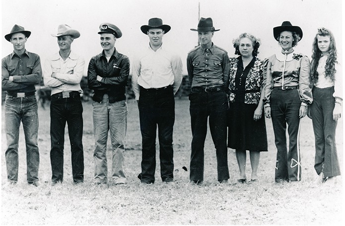  A rodeo family like none before, nor since, E.C. Emmett and Clara Roberts and their family, instrumental in formation of the Flint Hills Rodeo at Strong City 78 years ago, gathered in the early 1940s. They’re Ken, Gerald, Clifford, Howard, E.C., Clara, Marjorie and Gloria. Family tradition continues with third, fourth, fifth and sixth generation Roberts relatives as the annual Chase County affair, the Flint Hills Rodeo, airs June 4-5-6, from a meager start in 1937, to one of the longest continuing professional rodeos in the country.