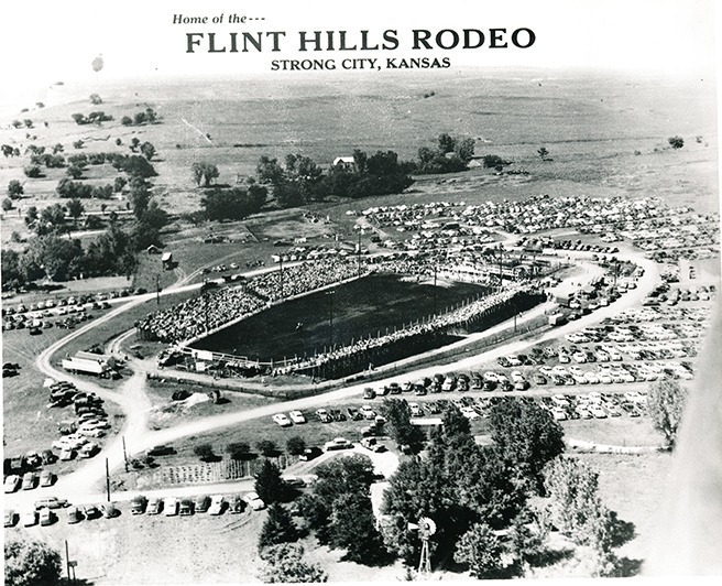 There were full bleachers for the Sunday afternoon performance of the Flint Hills Rodeo at Strong City, Kansas, in 1951. This year’s 78th annual rodeo at the same location has evening performances set June 4-5-6, beginning at 8 o’clock.