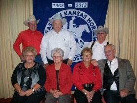 During the golden anniversary celebration at the yearend awards banquet for the Eastern Kansas Horseman’s Association, these members who have been leaders and participants since the beginning reviewed changes that have occurred in the horse show group during the past 50 years. Shown are (front) Ann Langvardt, Marlene Flinn, Faye Heath, Marshall Heath, (back) Frank Buchman, Howard Langvardt and Ron Shivers.