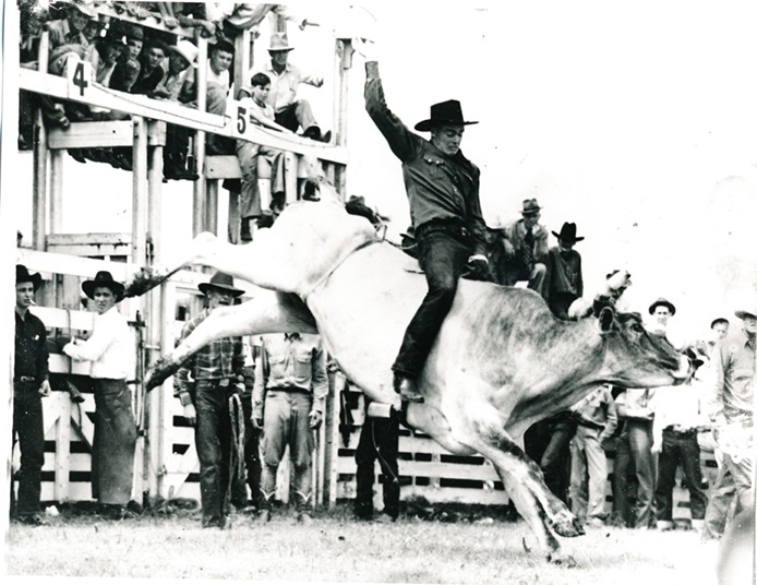 Somebody had to stay home to take care of the ranch, and Howard Roberts was usually willing to do the chores, while others were off to the rodeos somewhere becoming world-renowned for their arena escapades. Had younger brother, and an essential member of the Roberts Rodeo Company behind-the-action, cowboy taken to the rodeo trail like his sibling world champions, Howard’s most apparent-ability, physique-style here in the Strong City home arena action leaves no question he’d have been in the spotlight as well,  rather than pitching the hay.