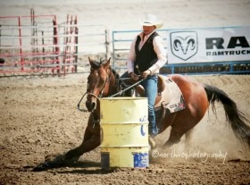 The fastest time in barrel racing at Colby Community College’s National Intercollegiate Rodeo Association rodeo during the 2012-13 season was set by Micah Samples of Abilene on her Quarter Horse called Tag. (northuophotography)