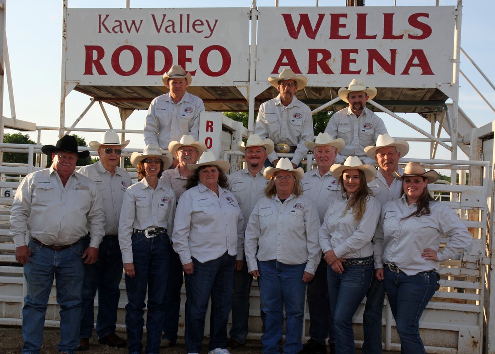 Officials of the Kaw Valley Rodeo Association, sponsor of the 40th annual Kaw Valley   Rodeo, Thursday through Saturday, July 23-24-25, with performances at 8 o’clock, each evening at Wells Arena in Cico Park, Manhattan, include: Steve Frazier, Secretary Peggy Frazier, Treasurer Sandy Chandler, Brenda Bayne, Gwyn Fuqua, Beth McQuade, (middle row) Gene Klingler, Doug Williams, Joshua Kinder, Dick Peterson, President Randy Holle, (back row) Dustin Holle, Vice President Blake Area and Neil Boyer.