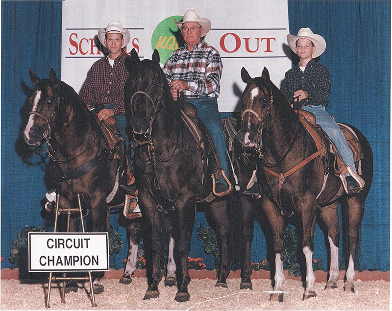 All in the family, Bill James, center, is on Hotrodding Lucky, while his grandsons, Jamie Stover, left, is mounted  on 3J Colonel, and Alex James (right) is riding Hotrod Hilary.