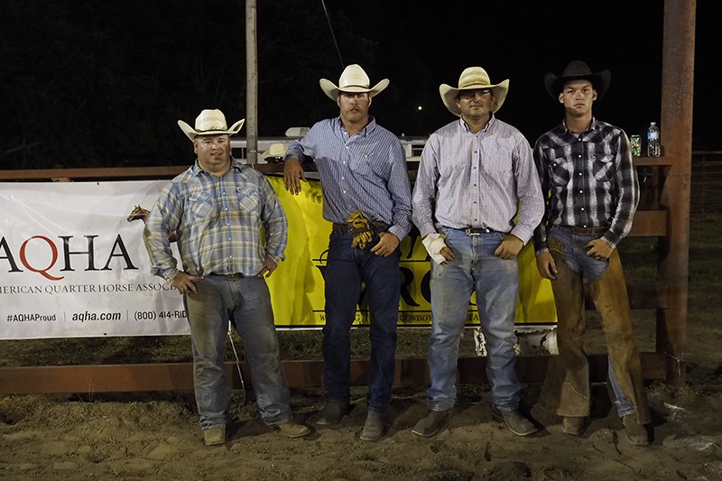 C5T Ranch and Hebb Cattle, from Benton and Fall River, respectively, joined efforts to be the third place ranch rodeo team in the two-performance Working Ranch Cowboys Association Fourth Of July Ranch Rodeo at Council Grove.  (Photo by Bruce Hogle.) 