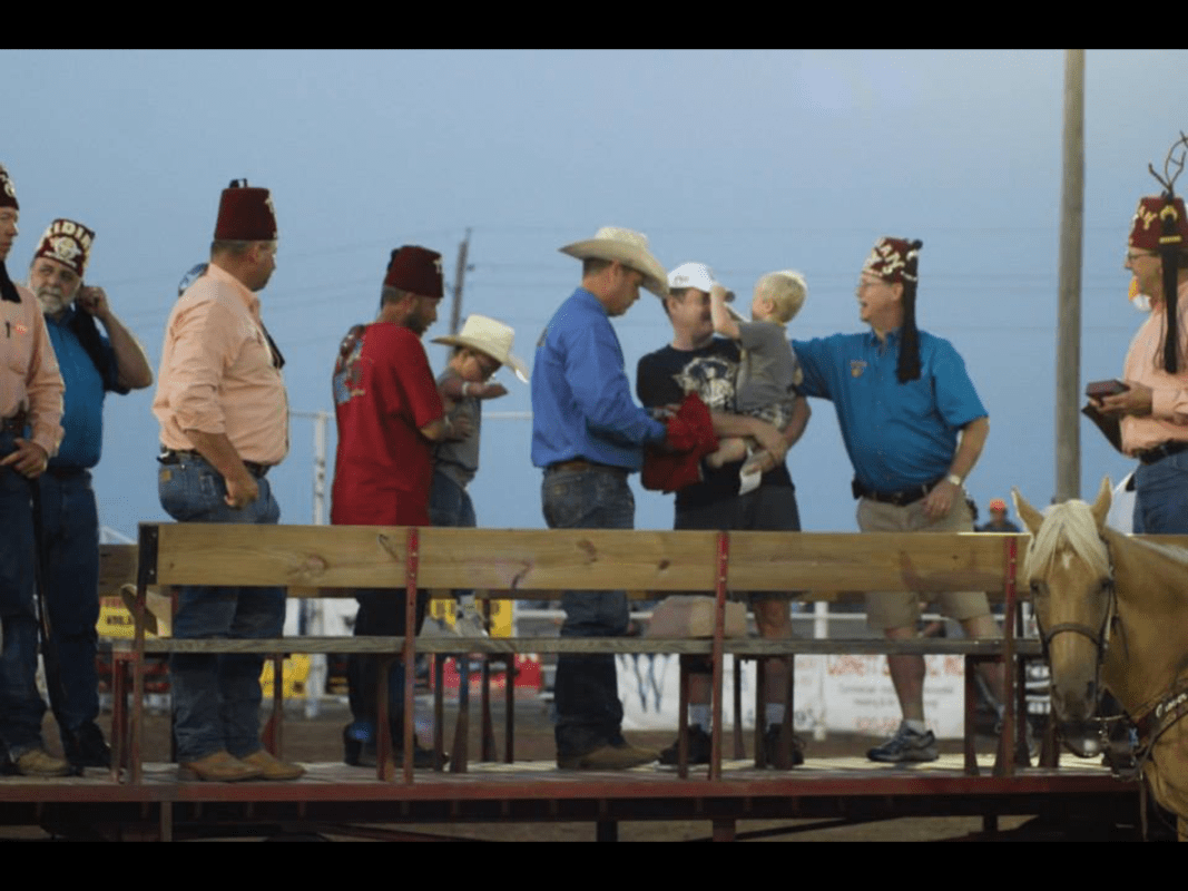 Five-year-old Landon Lacy, known as Bear, was honored by Shriners and rodeo officials during the Eureka Pro Rodeo Saturday evening. Born with multiple birth defects, Bear had both legs amputated at the Shriners Children’s Hospital in Chicago, and now has “transformer legs.”