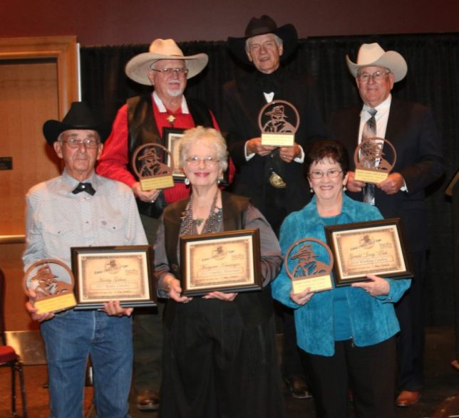 The Kansas Cowboy Hall of Fame at Dodge City recently included its Class of 2015 including (back) Gary Kraisinger, historian; Orin Friesen, entertainer; Oley Goodnight, cattleman/rancher; (front) Harley Gilbert, rodeo cowboy; Margaret Kraisinger, historian; and Lucile Peck, accepted for her late husband Jerry Peck, working cowboy.