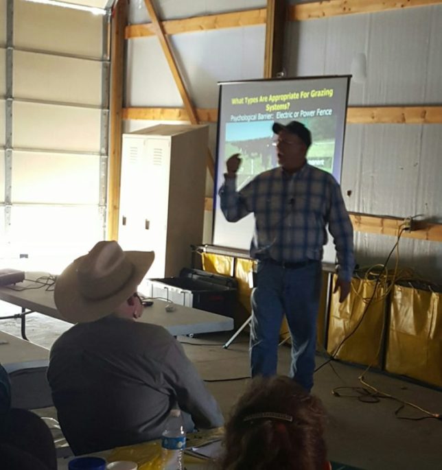 Rod Schaub, Lyndon, Frontier Extension District livestock agent, discussed alternative cross fence options during the Grazing Management Field Day at Garnett. (Photo by Debbie Davis.)