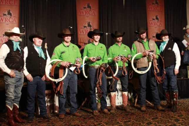 Chris Potter, Maple City, was honored as champion bronc rider for his champion Lonesome Pine Ranch team by officials of the Working Ranch Cowboys Association, at the World Championship Ranch Rodeo in Amarillo. (Photo courtesy of the Working Ranch Cowboys Association.)