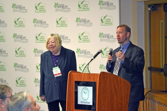 Featured speakers at the Kansas Soybean Expo in Topeka, Evelyn Browning Garriss and her son James Garriss of The Browning Newsletter are historical climatologists who look at historical records, coral, tree rings, sediment layers, and glacier cores to learn how they shaped the weather in centuries past. (Photo from the Kansas Soybean Commission.)