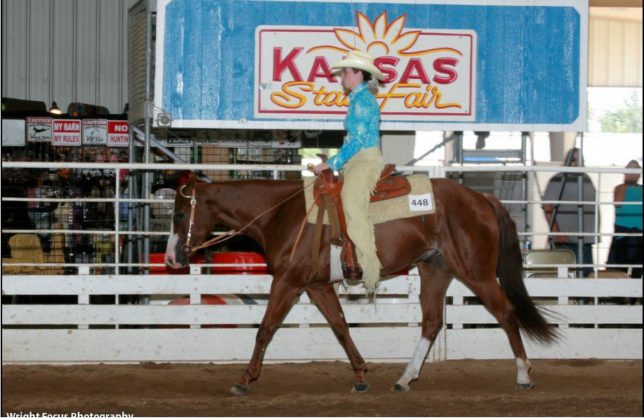  It’s the Western pleasure class during the American Quarter Horse Association show at the Kansas State Fair, Hutchinson, and Lauren Schiller is on the rail with her sorrel gelding, Romeo.