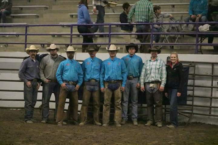 First place in the Wildcat Ranch Rodeo, sponsored by the K-State Rodeo Club and B Double M, at Manhattan went to the 76 Ranch team of Aaron Killingsworth, Rocky Martin, Bruce Miller and Ty Swiler. (Photo by Amber Thompson.)