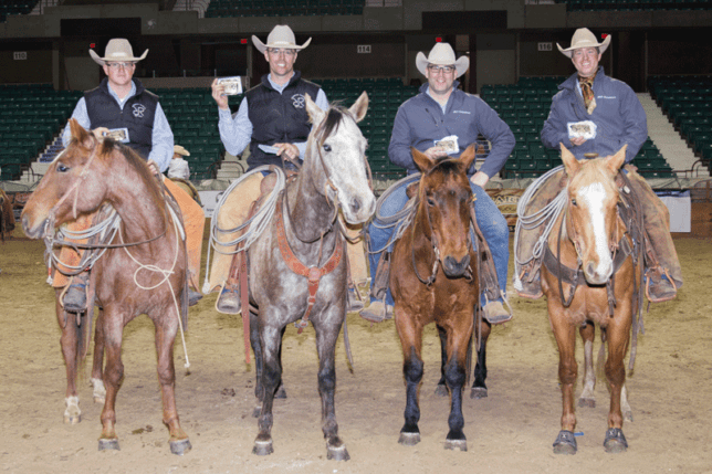 Champion team in the Sunday performance of the ranch rodeo featured at the EquiFest of Kansas at Topeka was the foursome representing Robbins Ranch-Keith Cattle Company of Lyon County. Mounted ranch cowboys with their trophy buckles are Connor Grokett, Adrian Vogel riding the Top Horse of the rodeo, Clay Wilson and Justin Keith. (Photo by Mindy Sue Andres.)