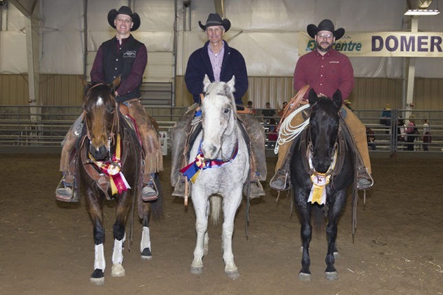 Top riders in the Top Horse Challenge at the recent EquiFest of Kansas in Topeka were (left to right) reserve champion Josh Rushing on Buster, Hume, Mo.; champion Dwight Bylik on Grey, Sedan; and Lee Hart on Roanie, Topeka. (Photo by Mindy Sue Andres.)
