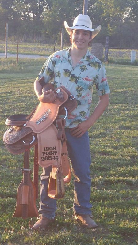 A new saddle was collected by Jesse Pope of Garnett as the all-around cowboy at the Kansas High School Rodeo Finals in Topeka. 
