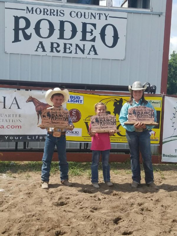 Cole Wilson, Lola Vogel and Carly Potter composed the “45 Cattle” team winning the Junior Ranch Rodeo during the Santa Fe Trail Ranch Rodeo at Council Grove. (Photo by Amy Allen.) 