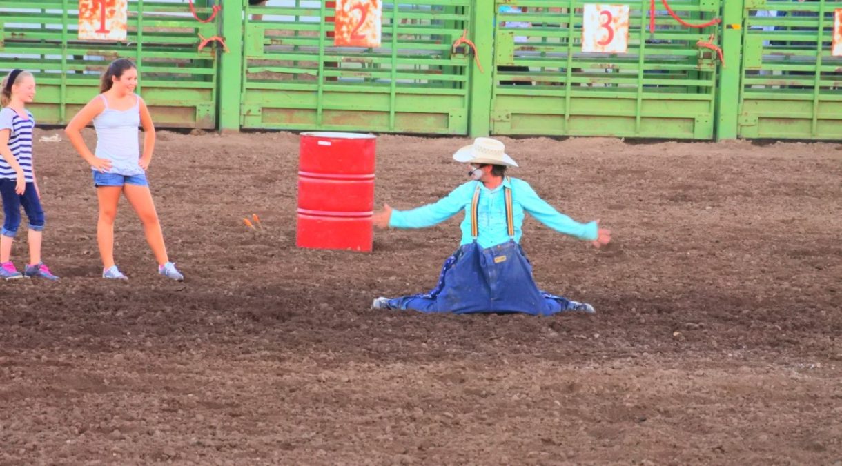 Crowd interaction keeps everybody on the edge of their seats, so rodeo clown-funnyman Colton Stueve often brings unprepared spectators right off the bleachers into the arena as part of his rodeo acts. 