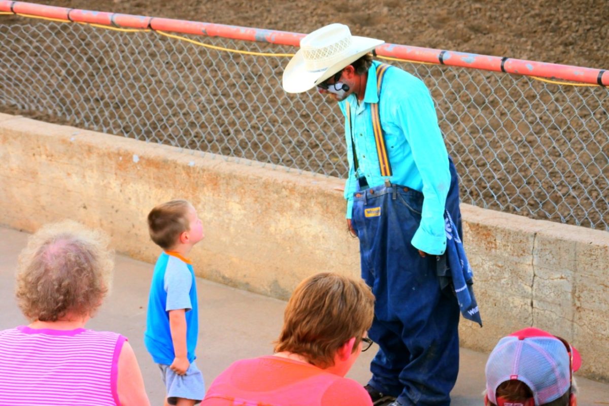 Everybody loves a clown, and Colton Stueve gets excited having fun with kids at rodeos throughout the Midwest. A lifetime cowboy, a champion team roper, Stueve is a rancher at Matfield Green, and also entertains rodeo crowds as a funnyman.