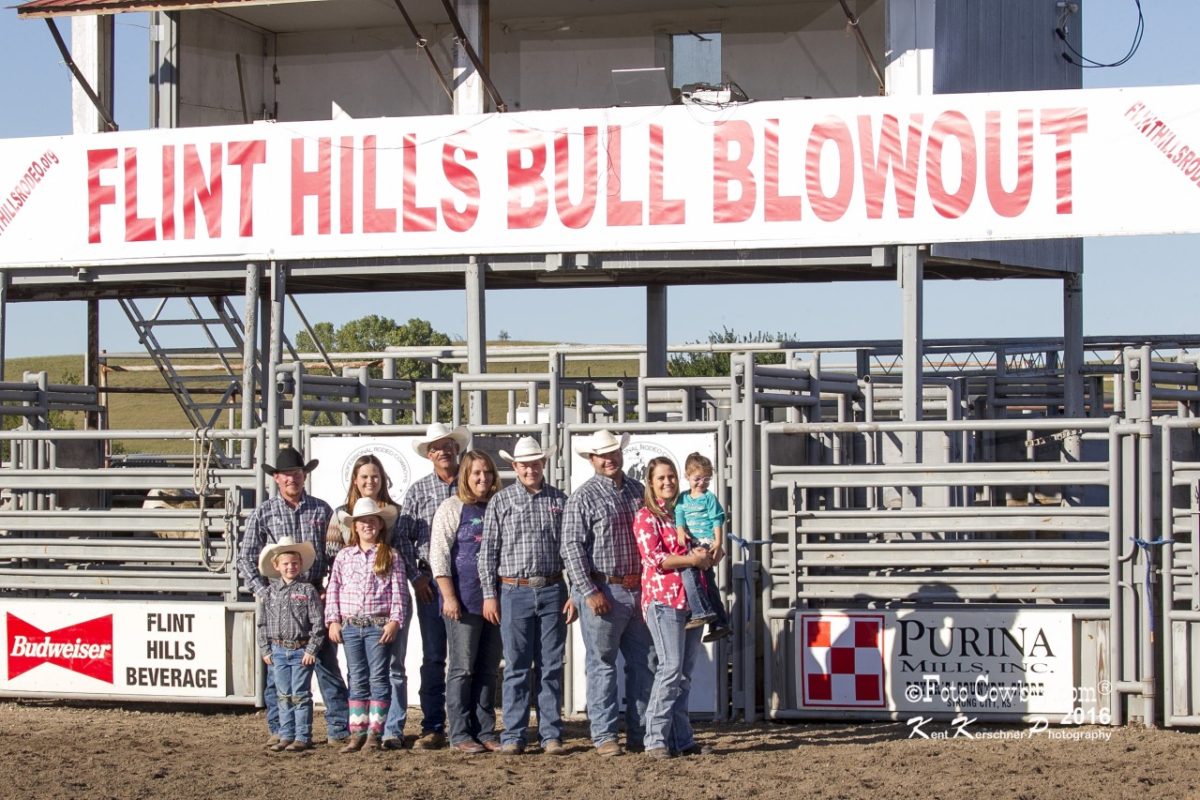 All of the family gets involved in the Flint Hills Bull Blowout at Strong City. Gathered for picture taking time were Kyle, Jenna, Tate and Karlie Gibb; Kim, Lana and Wyatt Reyer; and Kelsey, Adam, and LaKin Spain. 