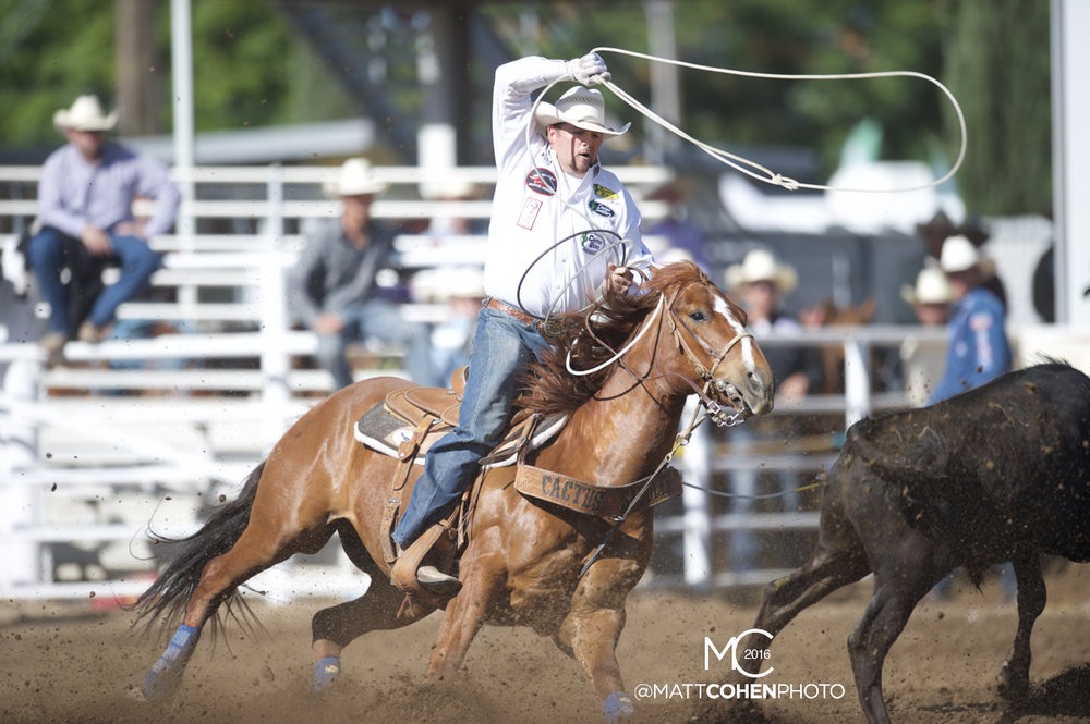 Team roper Jake Long of Coffeyville, KS competes at the Clovis Rodeo in Clovis, CA.
